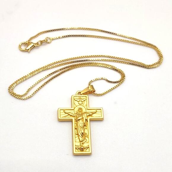 18k Gold Plated Cross Necklace Christmas Birthday Men's Women's Vtg. Fashion NEW